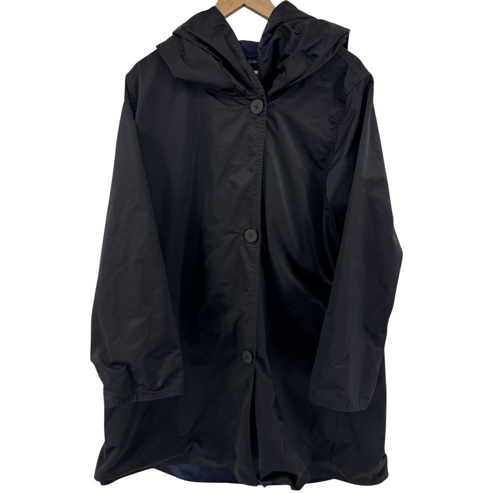 Eileen Fisher Reversible Hooded Coat XL Blue Black Snap Front Lightweight Jacket